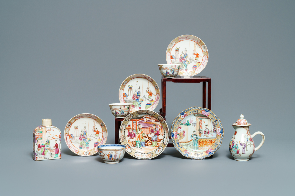 Tien stukken Chinees famille rose theegoed met mandarijns decor, Qianlong