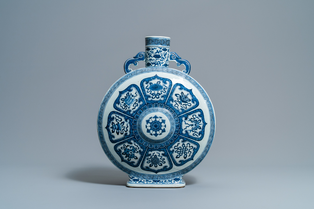 A fine Chinese blue and white 'Bajixiang' moon flask vase, Qianlong mark, 19th C.