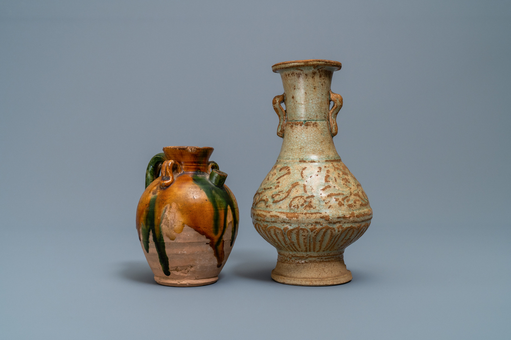 A Chinese sancai ewer and a celadon-glazed bottle vase, Tang and Song