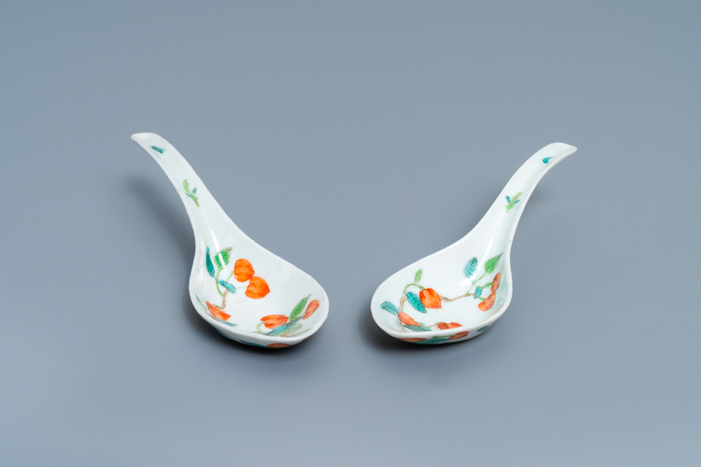 A pair of Chinese polychrome 'peach tree' spoons, Jiaqing mark and of the period