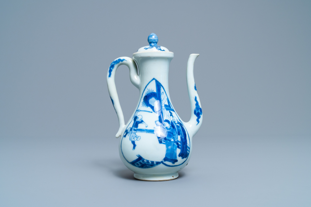 A Chinese blue and white 'Xi Xiang Ji' ewer and cover, Xuande mark, Kangxi