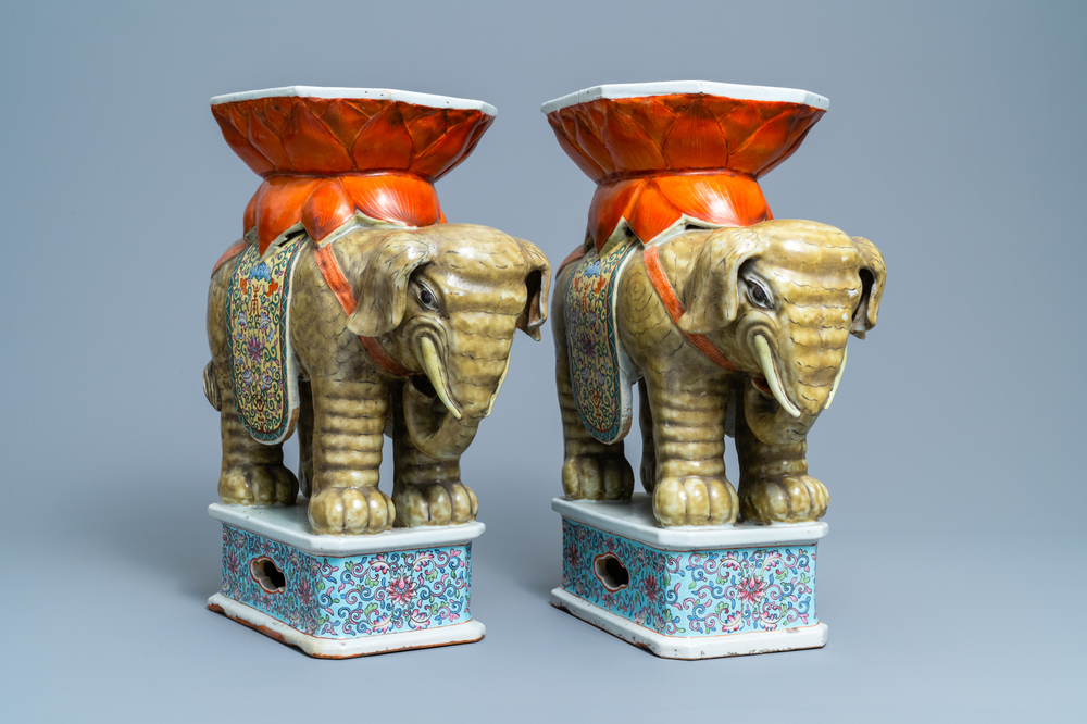 A pair of Chinese famille rose elephant-shaped garden seats, 19/20th C.