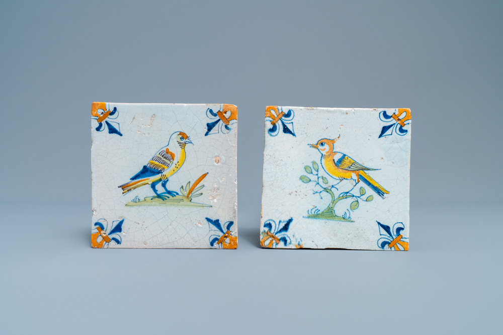 Two polychrome Dutch Delft bird tiles, 17th C.