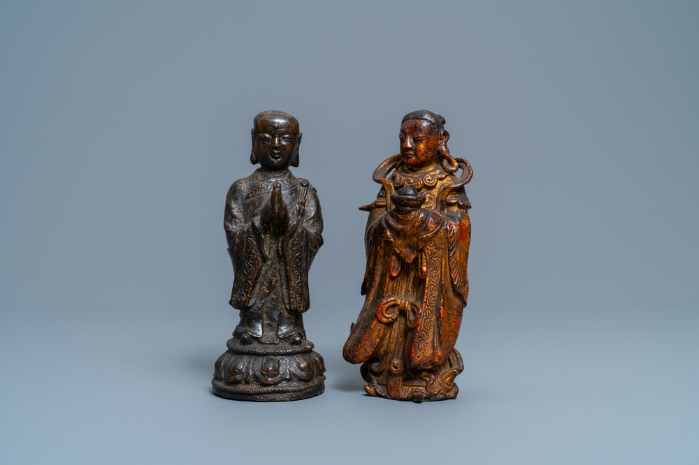 Two Chinese gilt-lacquered bronze figures, Ming