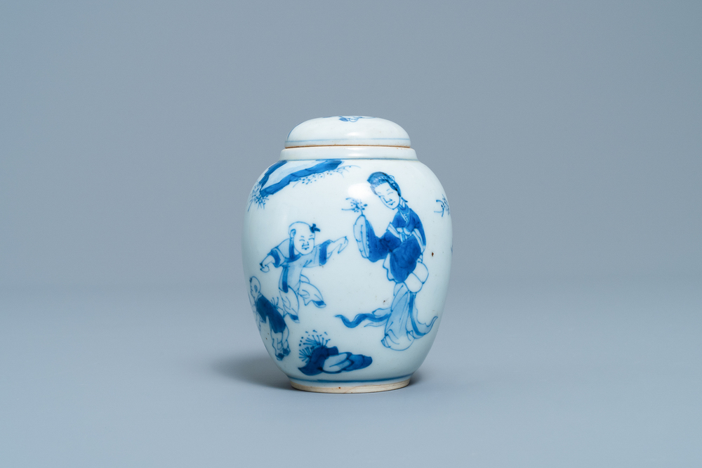 A Chinese blue and white covered tea caddy with playing boys, Kangxi
