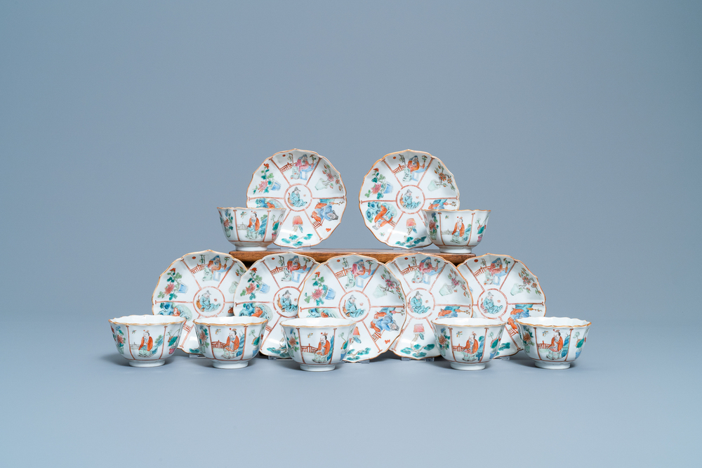 Sept tasses et soucoupes en porcelaine de Chine famille rose, marque et &eacute;poque de Xianfeng