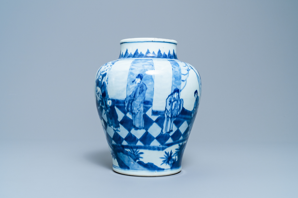 A Chinese blue and white vase with figures in an interior, Kangxi