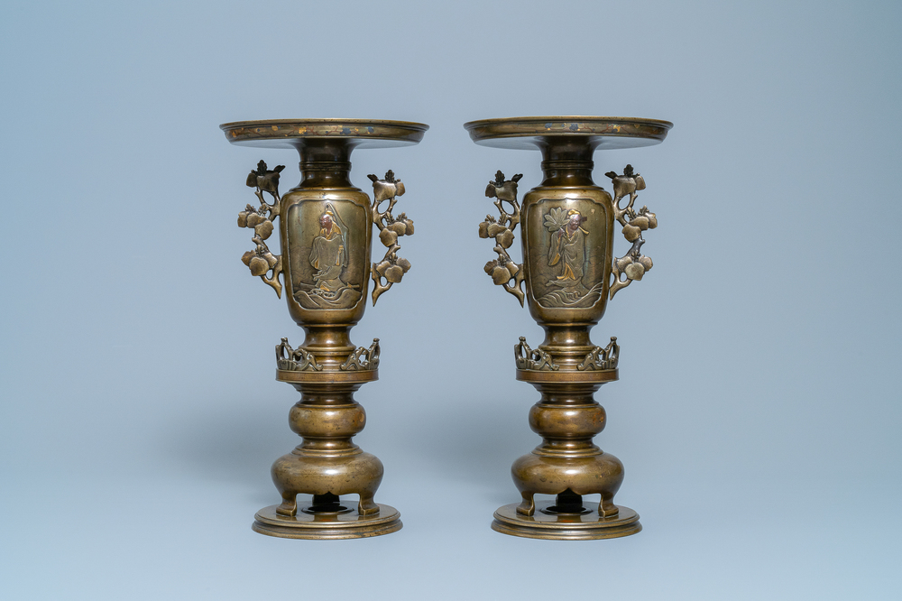 A pair of Japanese gold, silver and copper inlaid bronze usubata vases, Meiji, 19th C.