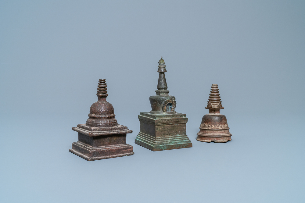 Three bronze stupas, Tibet, 16/18th C.