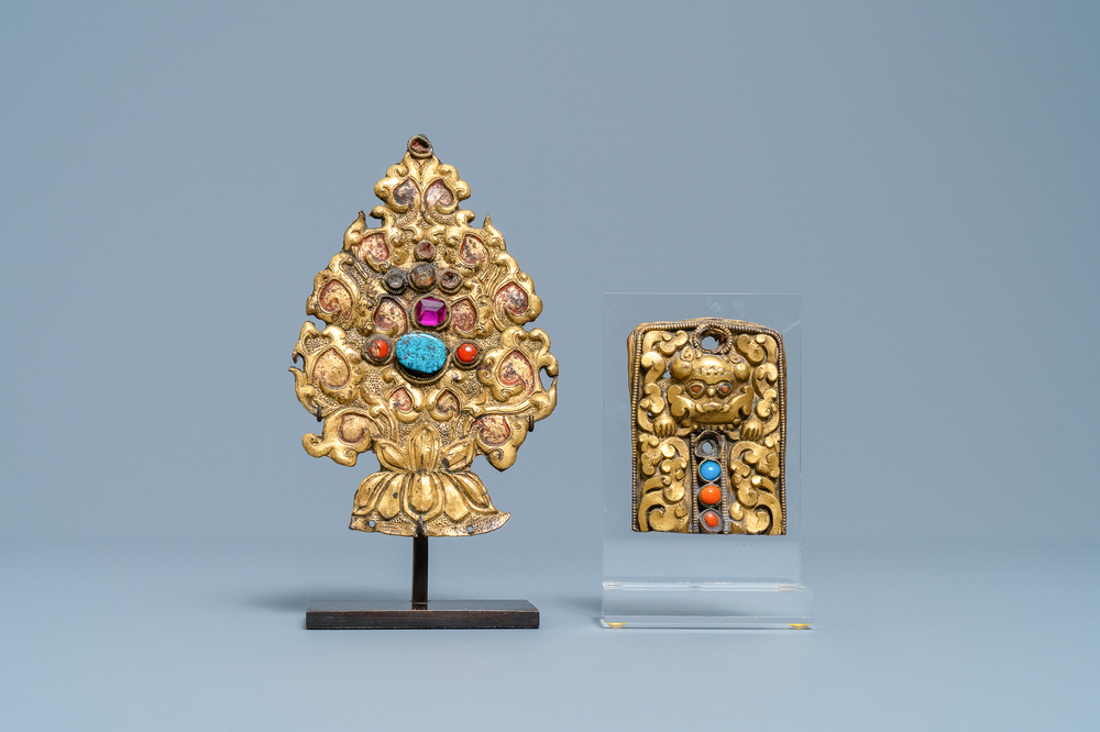 Two Sino-Tibetan inlaid gilt bronze ornaments, 17/18th C.