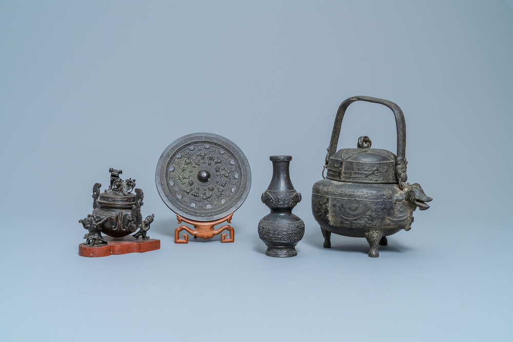 Two Chinese bronze censers, a vase and a mirror, Ming and later