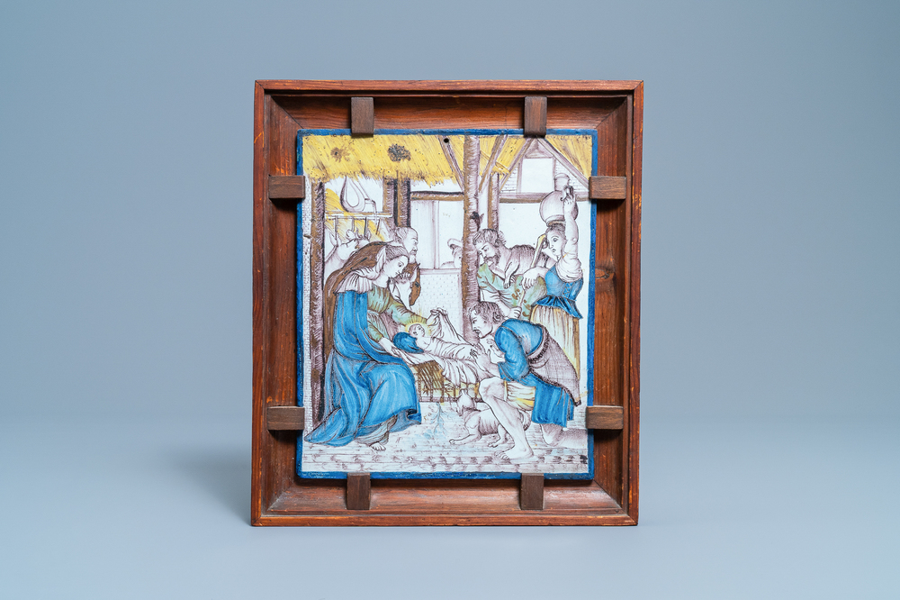 A rectangular polychrome Lille faience 'Adoration of the shepherds' plaque, France, 1st quarter 19th C.