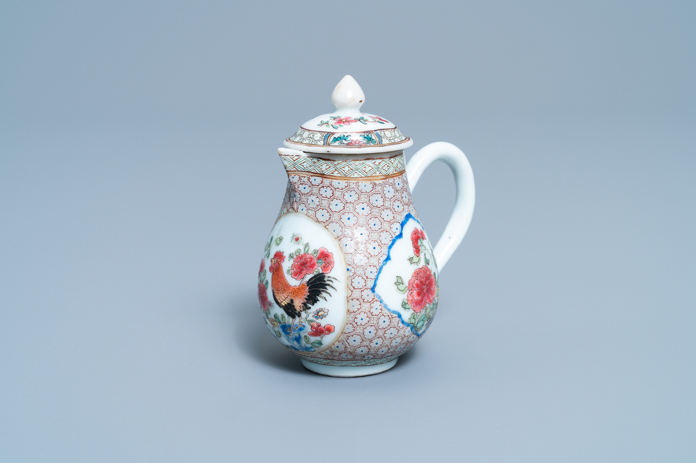 A Chinese famille rose 'rooster' milk jug and cover, Yongzheng