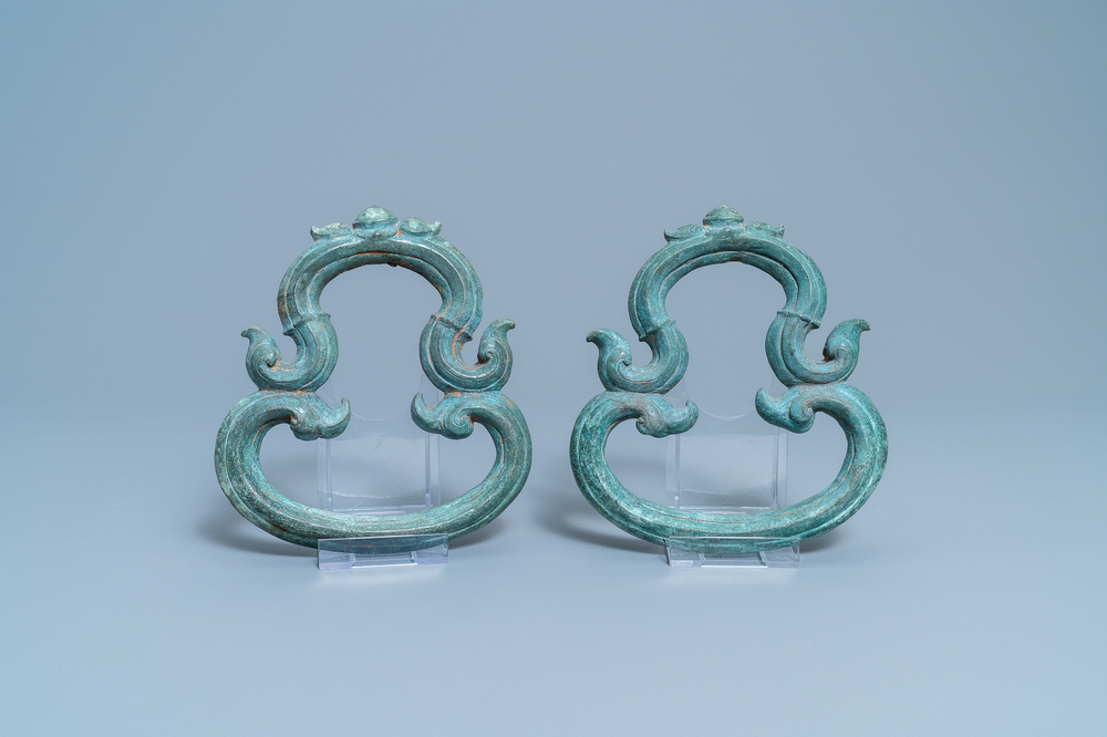 A pair of Chinese bronze ornaments, Han or later
