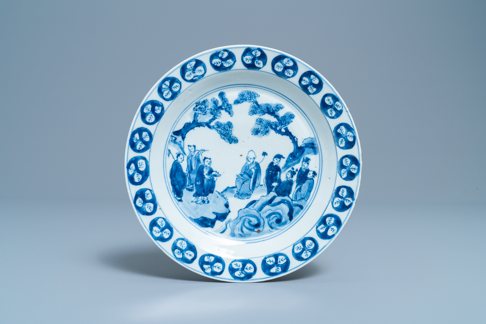 A Chinese blue and white Japanese market ko-sometsuke 'immortals' plate, Tianqi