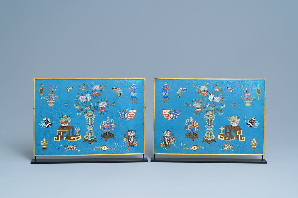 A pair of rectangular Chinese cloisonn&eacute; plaques, Qianlong/Jiaqing