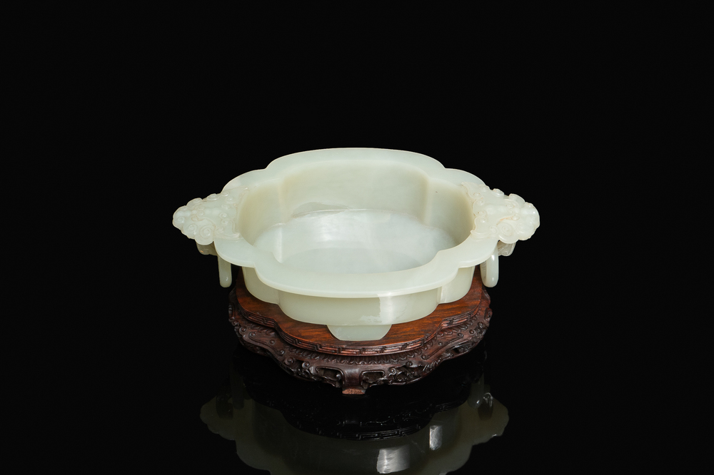A fine Chinese white jade vessel on wooden stand, Kangxi