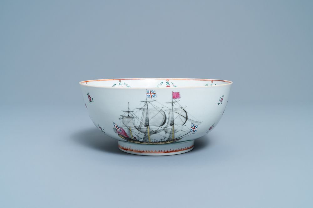 A Chinese famille rose bowl with British merchant navy ships, Qianlong