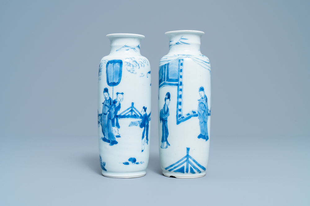 Two Chinese blue and white rouleau vases, Kangxi