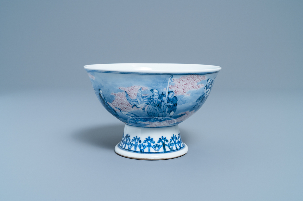 A Chinese blue, white and copper red stem bowl with immortals, Republic
