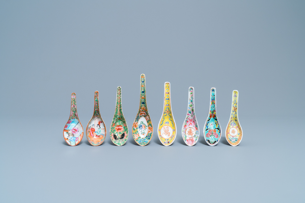 Eight Chinese Canton famille rose and polychrome spoons, 19/20th C.
