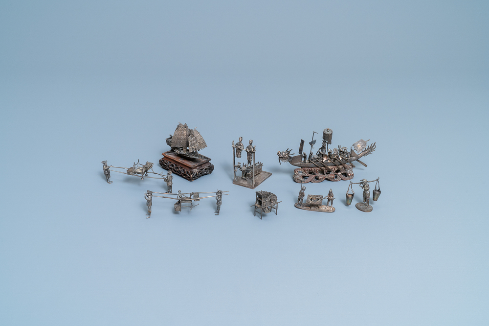 Een collectie Chinese zilveren miniaturen, 19e eeuw