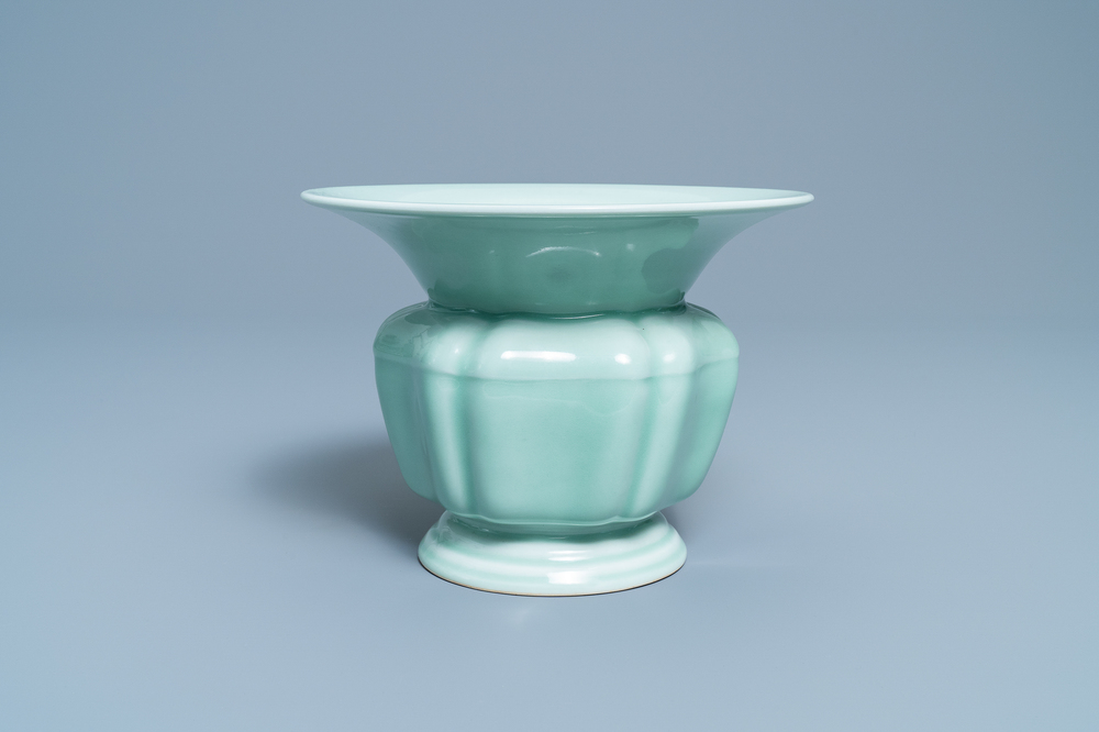 A Chinese monochrome celadon-glazed zhadou or spittoon, Yongzheng mark, Republic