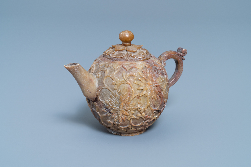 A Chinese carved soapstone teapot and cover, Kangxi