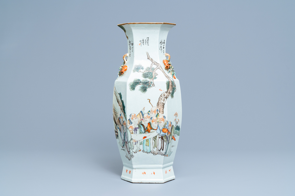 A Chinese hexagonal qianjiang cai vase with scholars in a landscape, 19/20th C.