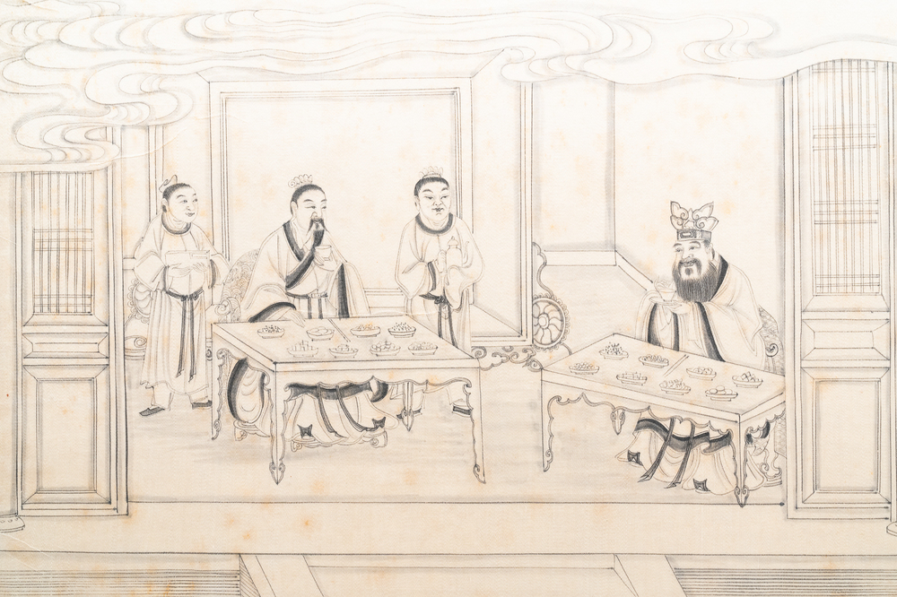 Chinese school, inkt op papier, 19e eeuw: 'Interieursc&egrave;ne'