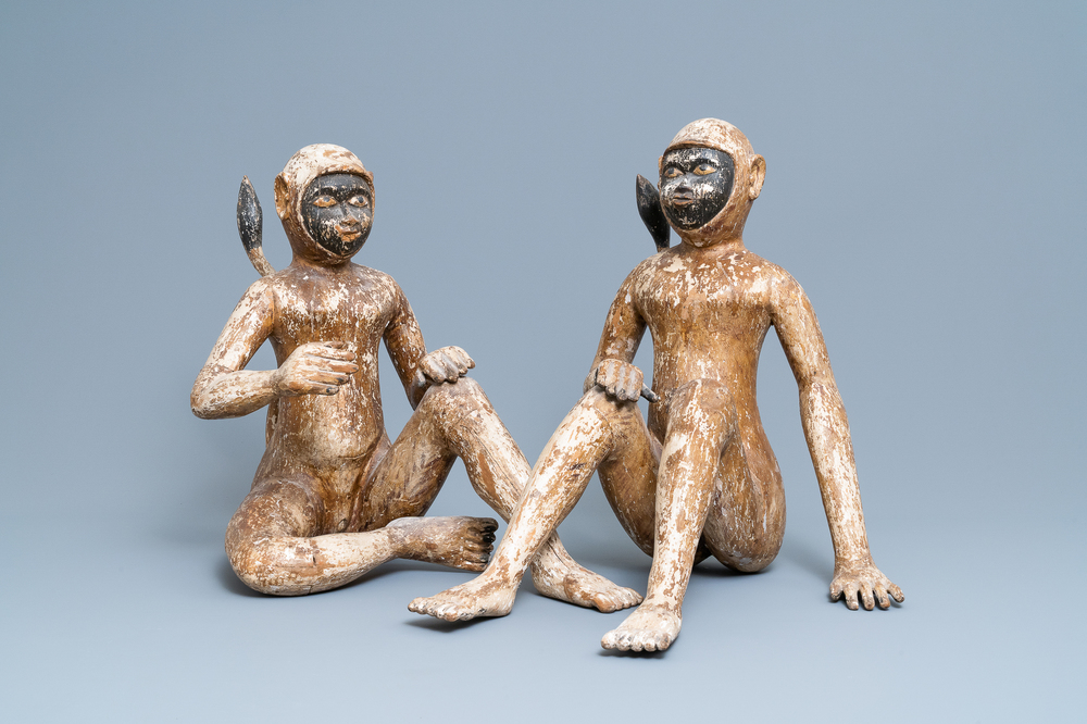 A pair of polychrome wooden figures of monkeys, South-East Asia, 19th C.