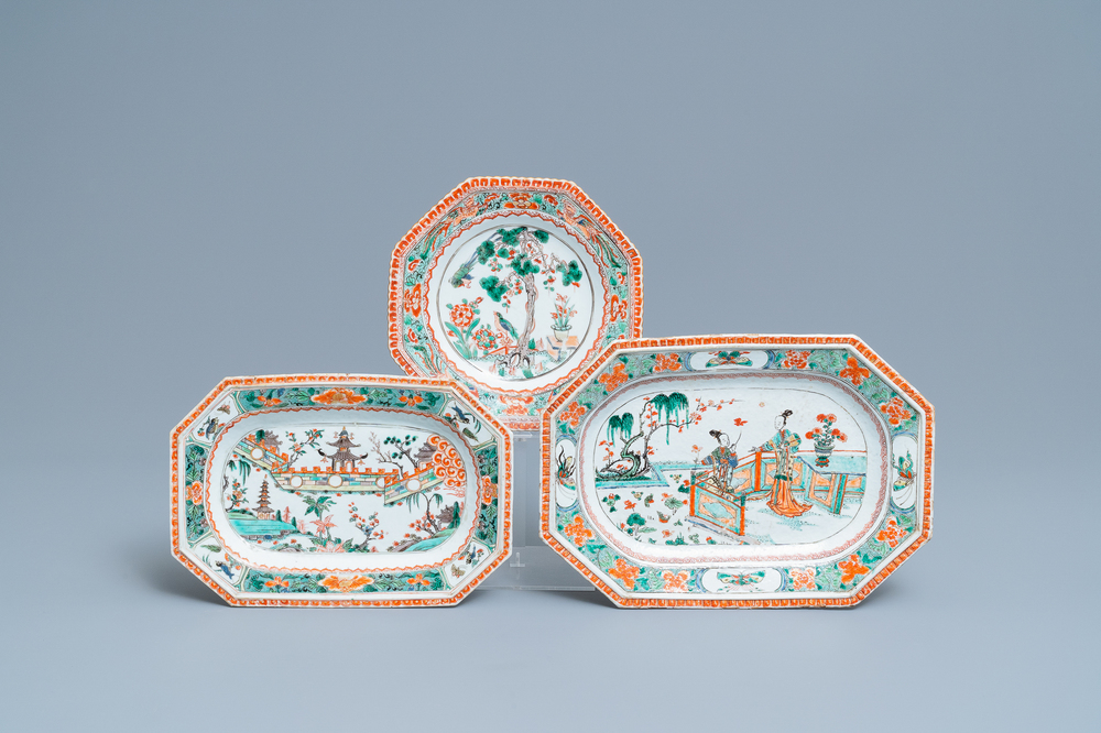 Three Chinese famille verte octagonal dishes, Kangxi