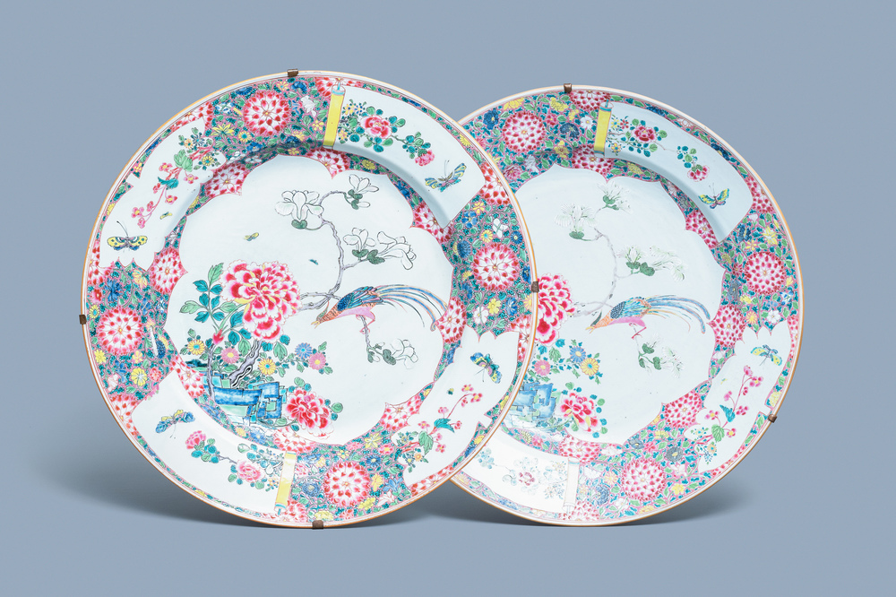 A pair of massive Chinese famille rose chargers, Yongzheng