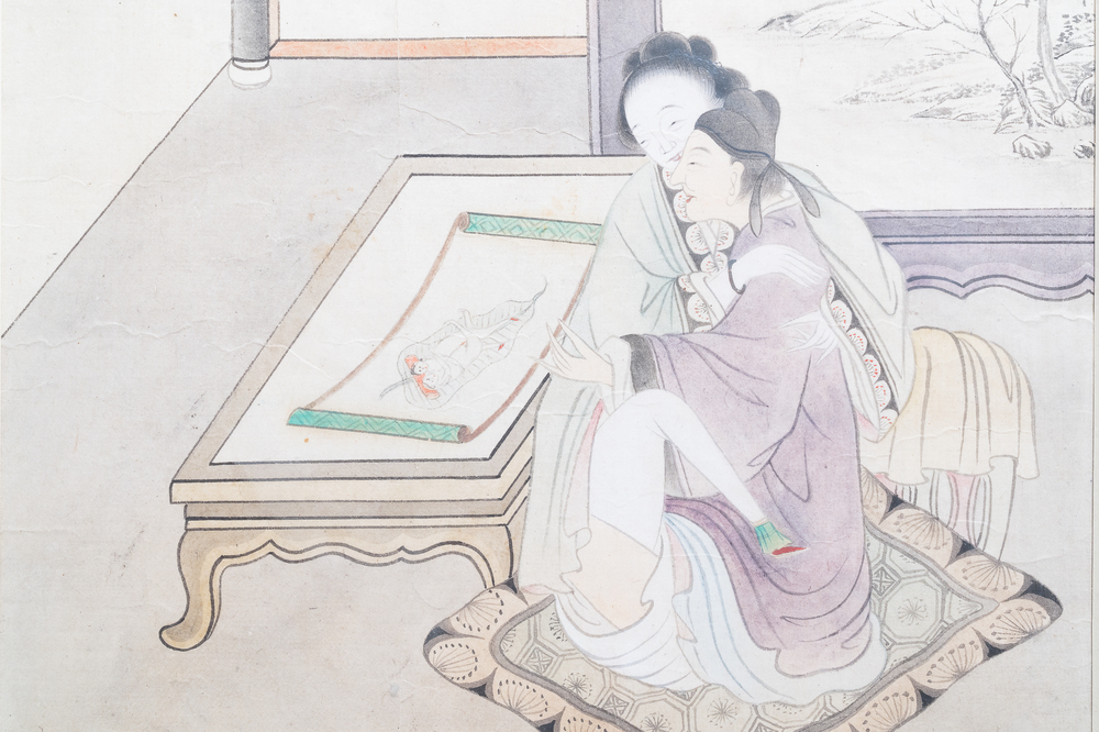 Chinese school, inkt en kleur op papier, 19e eeuw: 'Erotische sc&egrave;ne'