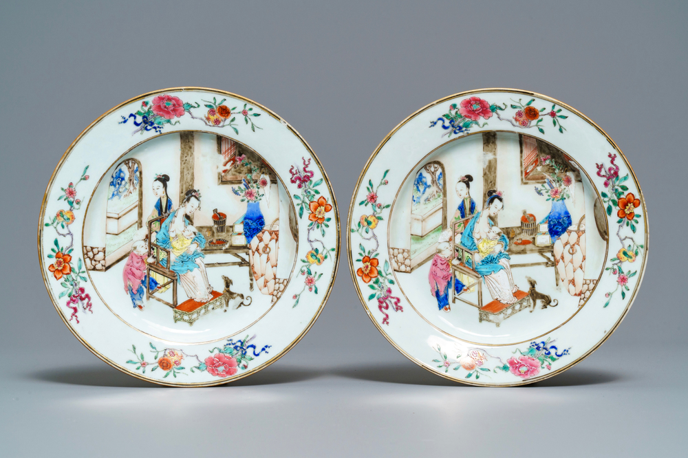 A pair of Chinese famille rose plates with a suckling lady, Yongzheng
