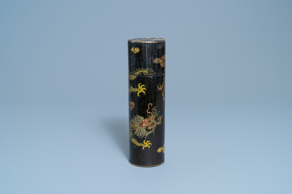 An imperial Chinese cylindrical painted and lacquered wood edict container, 17/18th C.