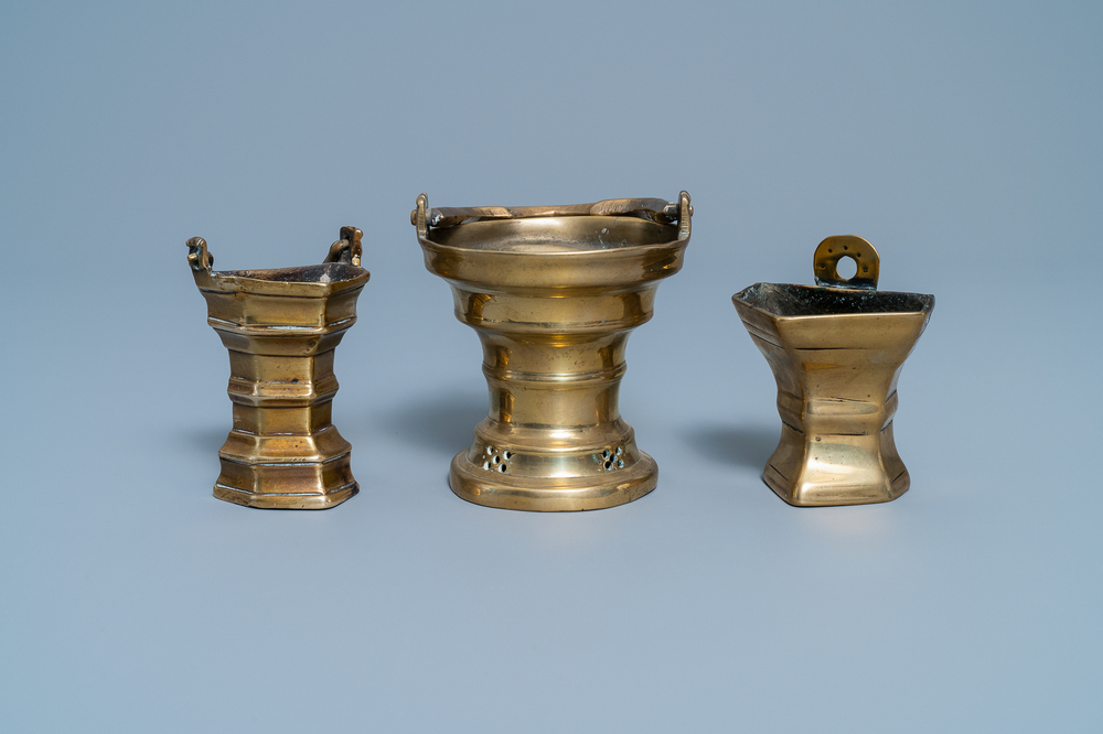 Three Flemish bronze holy water buckets, 16/17th C.