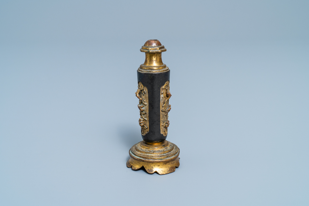 A Chinese lacquered and parcel-gilt bronze joss stick holder, Ming
