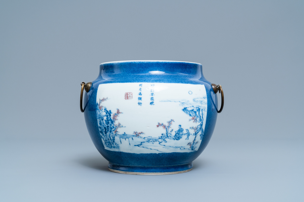 A Chinese blue, white and copper red powder blue-ground bowl, Jiajing mark, Kangxi
