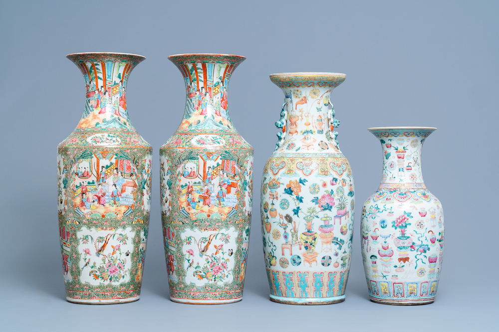 A pair of Chinese Canton famille rose vases and two single vases, 19th C.