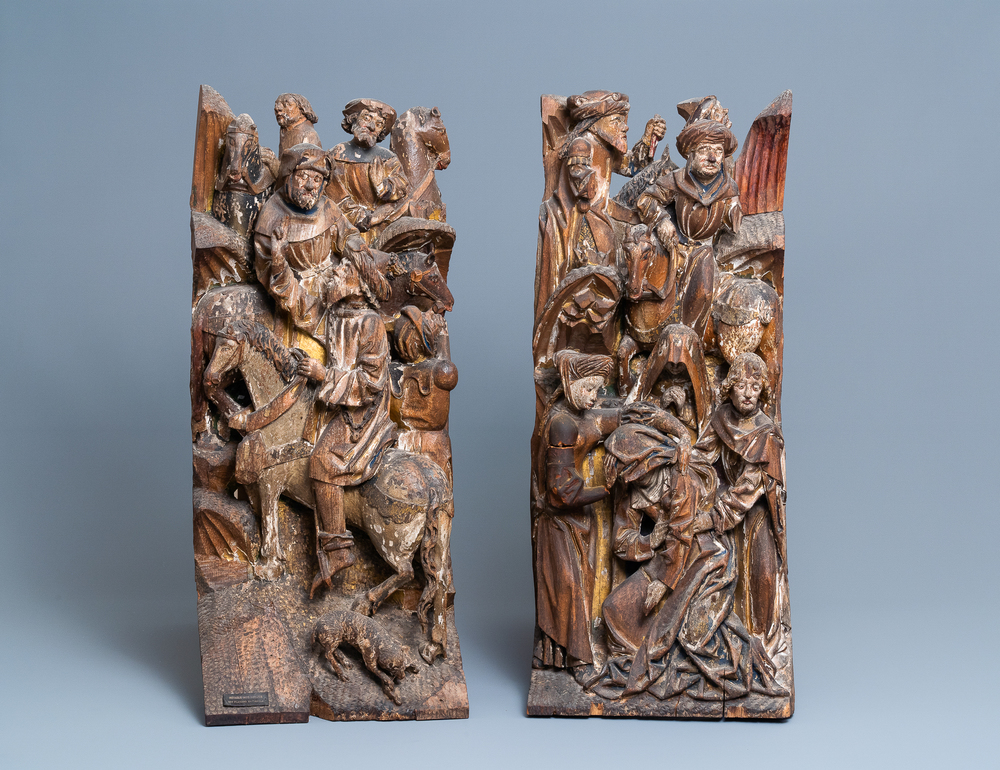 Two large polychromed wood 'Crucifixion' retable fragments, probably Brabant, 15/16th C.