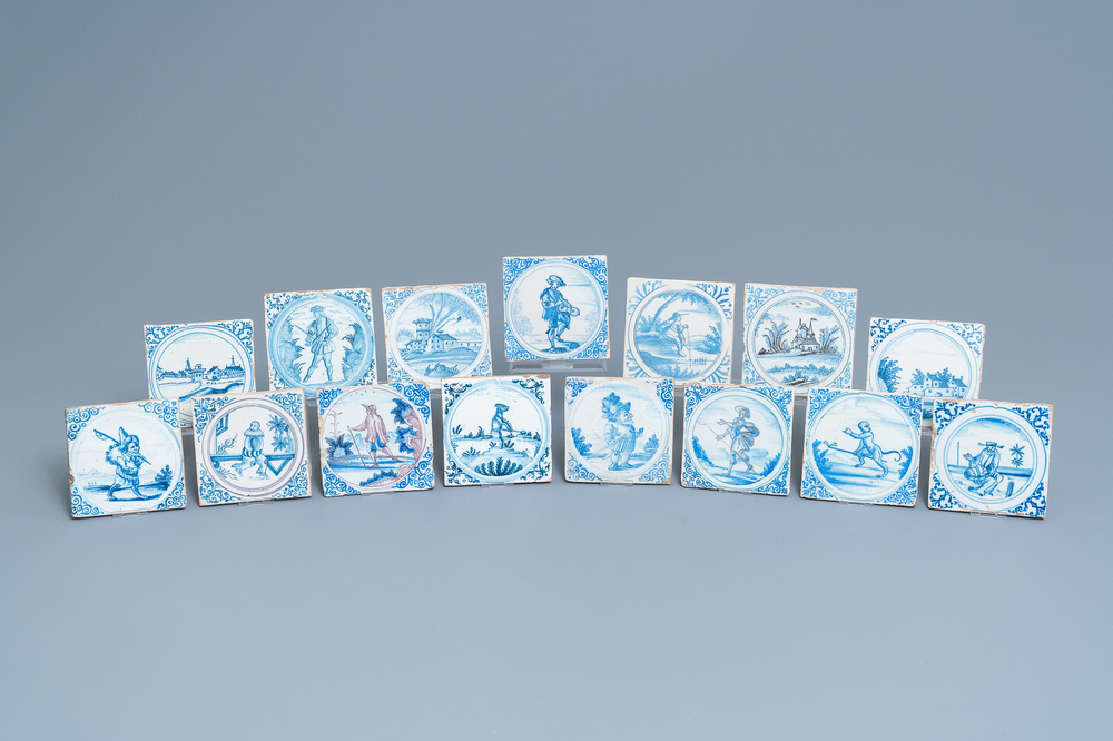 Fifteen blue, white and manganese Delft style tiles, Montpellier, France, 17th C.