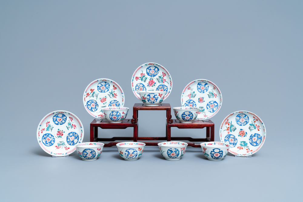 Seven Chinese famille rose cups and five saucers, Qianlong