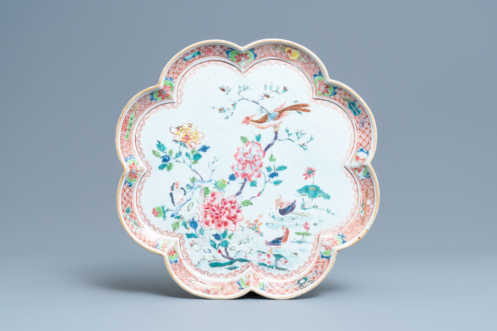 A large Chinese lobed famille rose charger, Qianlong