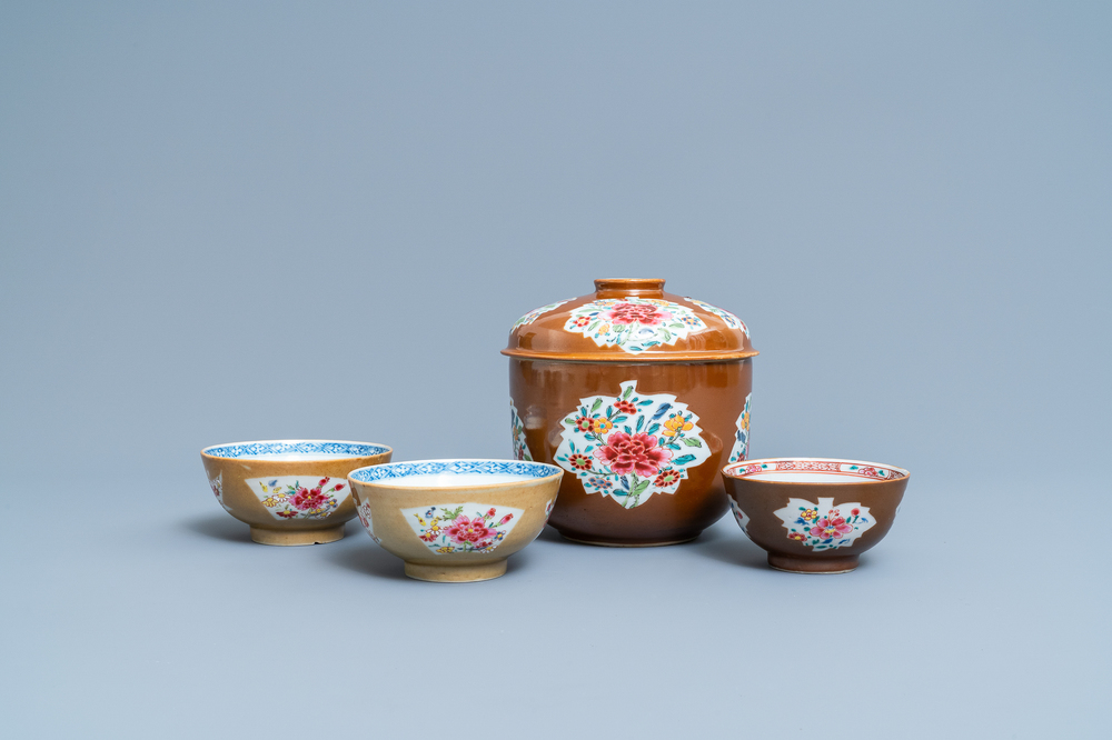 Four Chinese famille rose capucin brown-ground bowls, Qianlong
