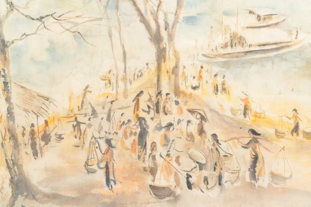 Tu Duyen (Vietnam, 1915-2012), encre et aquarelle sur soie: 'Harbour scene', dat&eacute; 1974