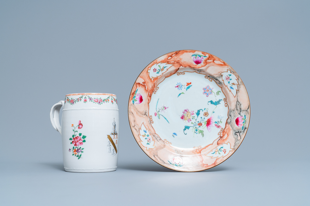 A Chinese famille rose armorial mug and a faux-bois border plate, Qianlong