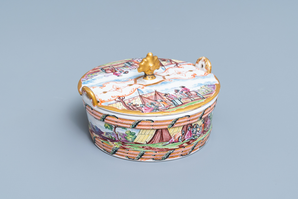 A polychrome petit feu and gilded Dutch Delft butter tub with a view on an encampment, 18th C.