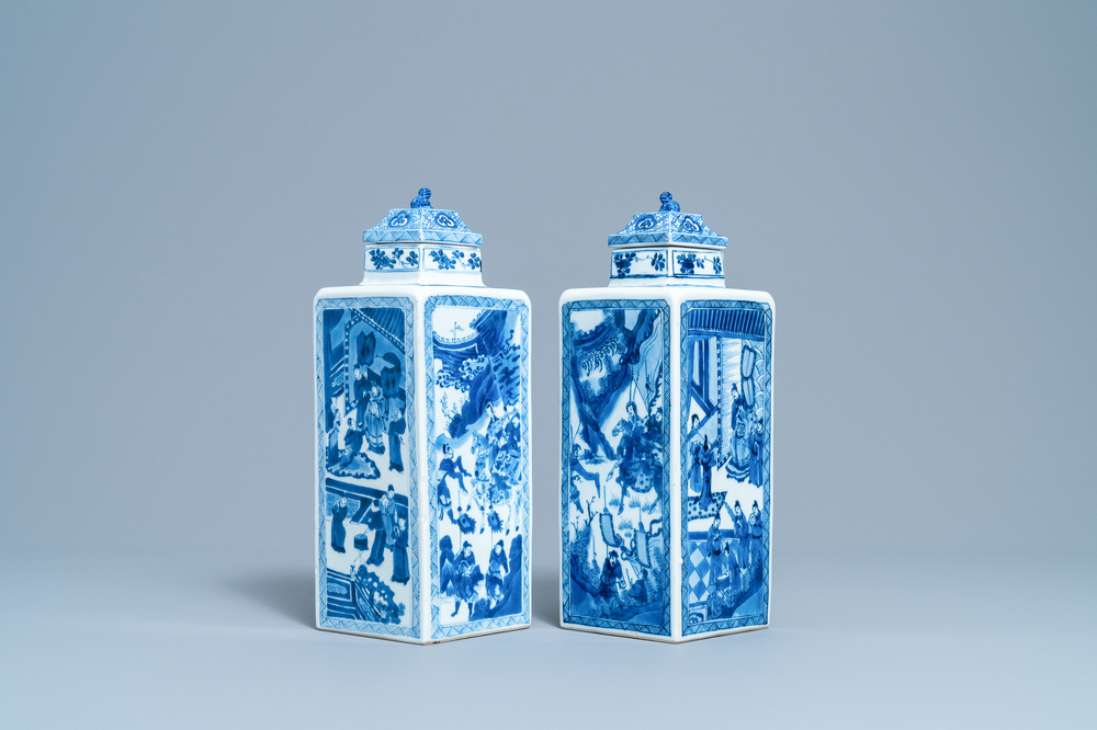 A pair of Chinese blue and white square vases and covers, Kangxi