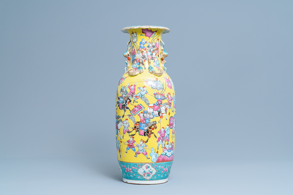 A Chinese yellow-ground famille rose 'warrior' vase, 19th C.
